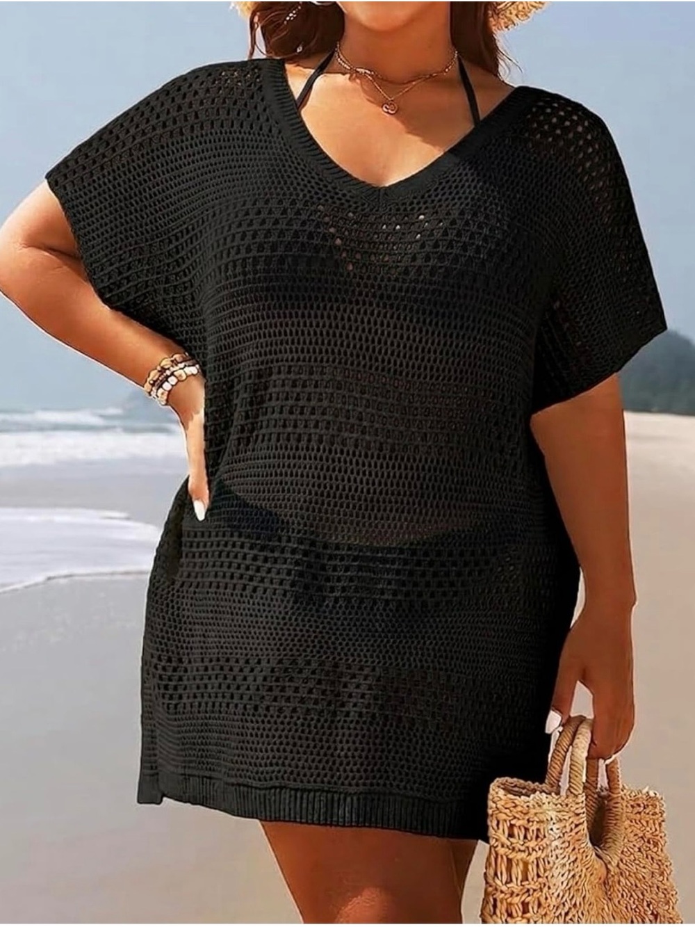 Younique Black Crochet V‑Neck Swim Coverup Tunic Dress - Picture 3 of 9